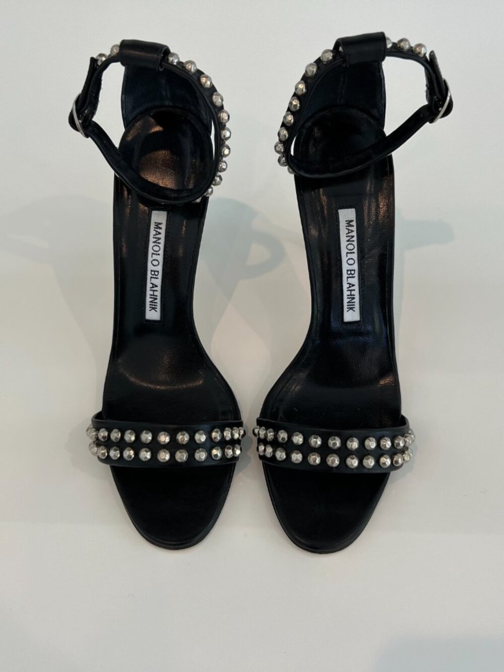 MANOLO BLAHNIK MIRAMAR BLACK LEATHER STUDDED 4” SANDALS SIZE IT 37.5 / US 7.5
